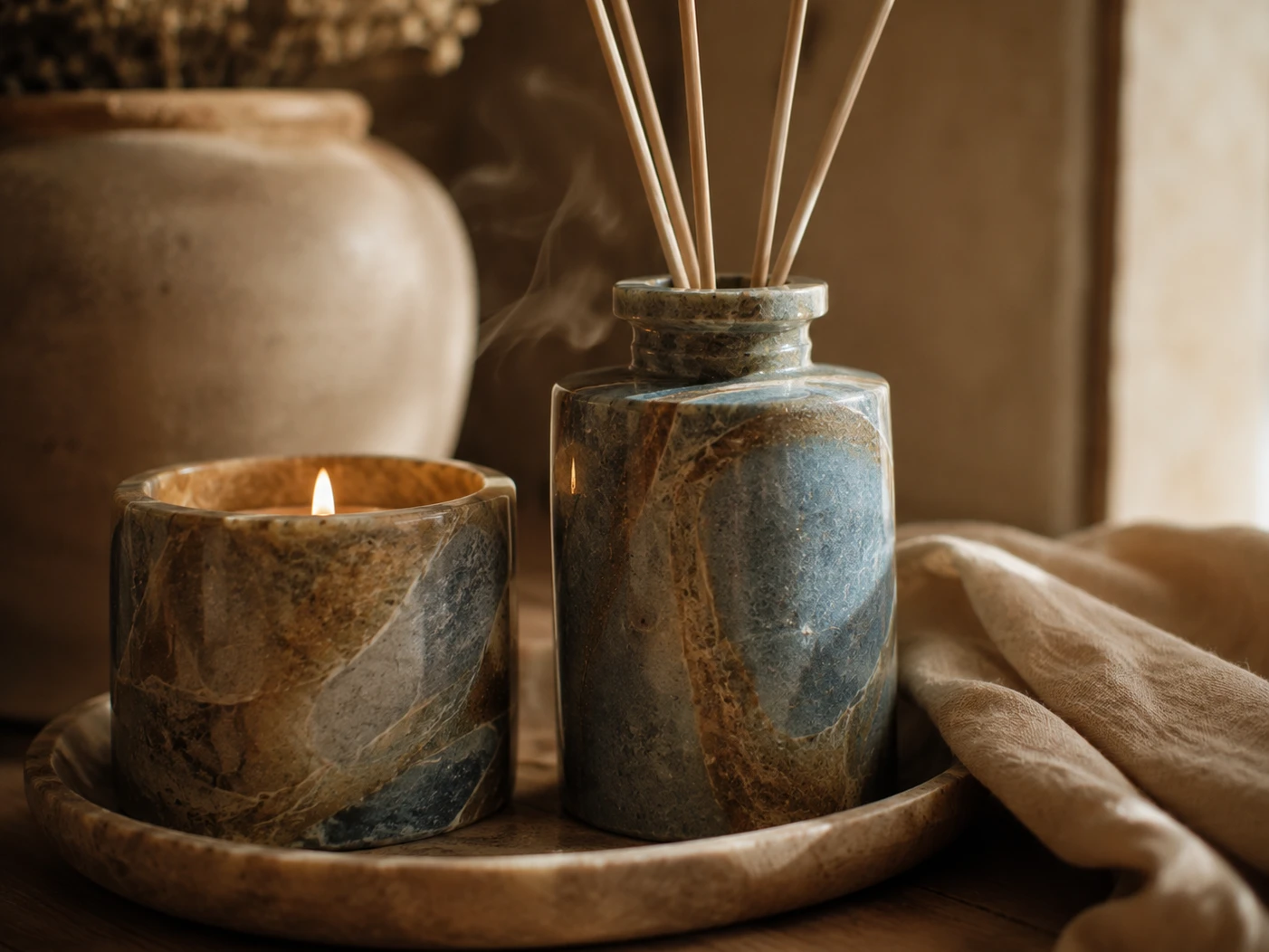 A lit candle and reed diffuser in hand-carved stone vessels beside a terracotta jar