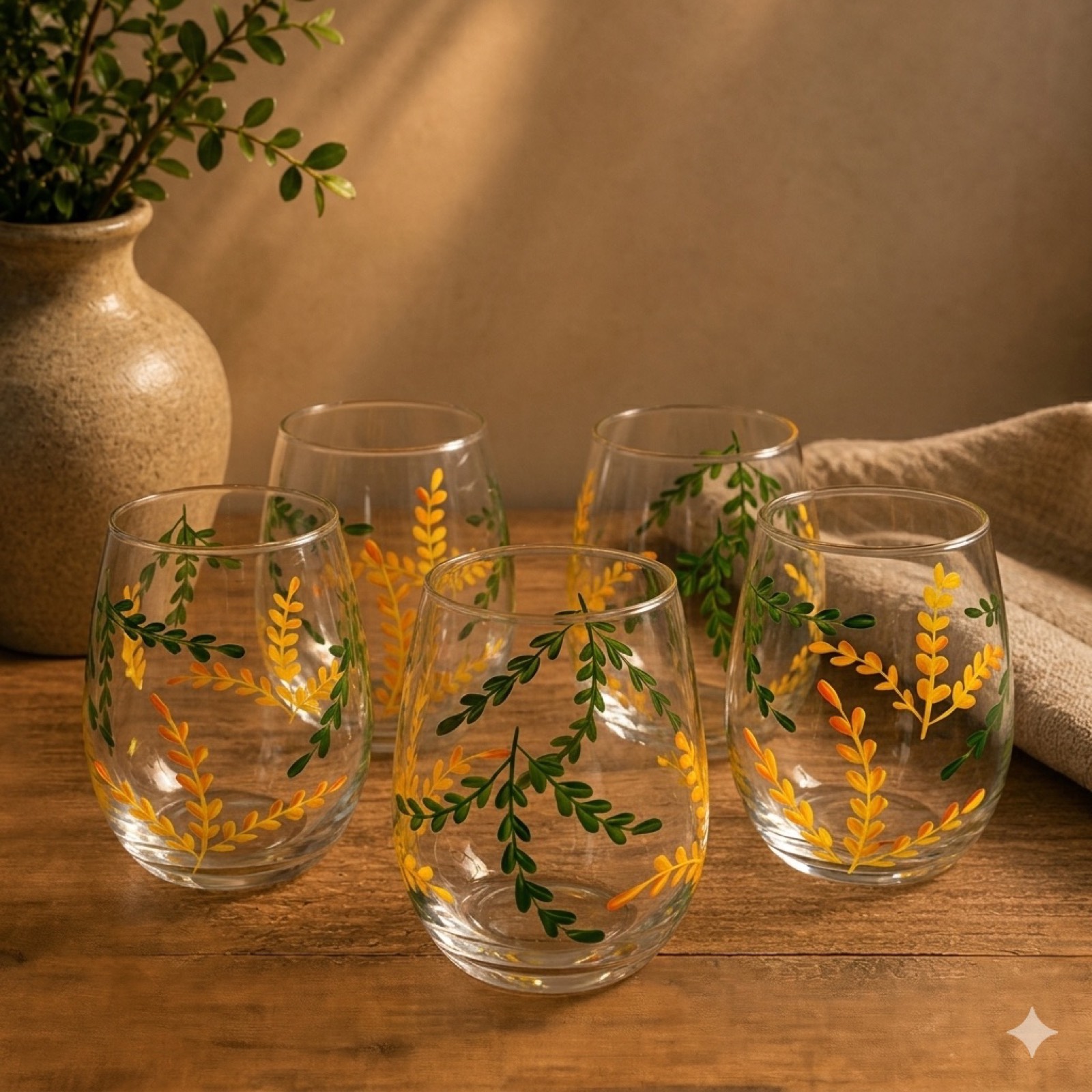 Handpainted Leaves Cup – Green — glass tableware by Mezcla