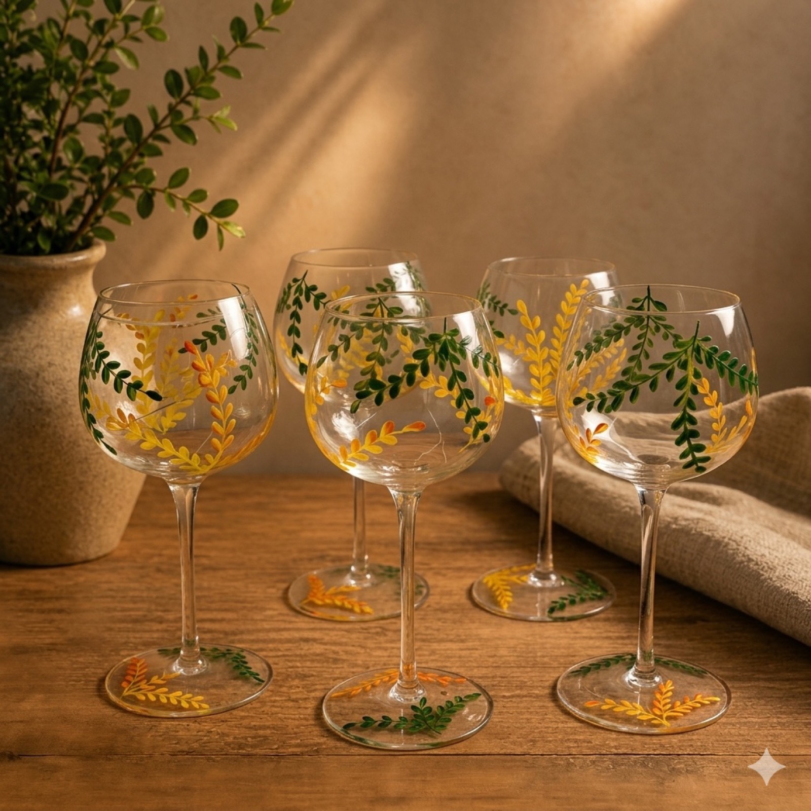 Handpainted Leaves Wine Cup – Green — glass tableware by Mezcla