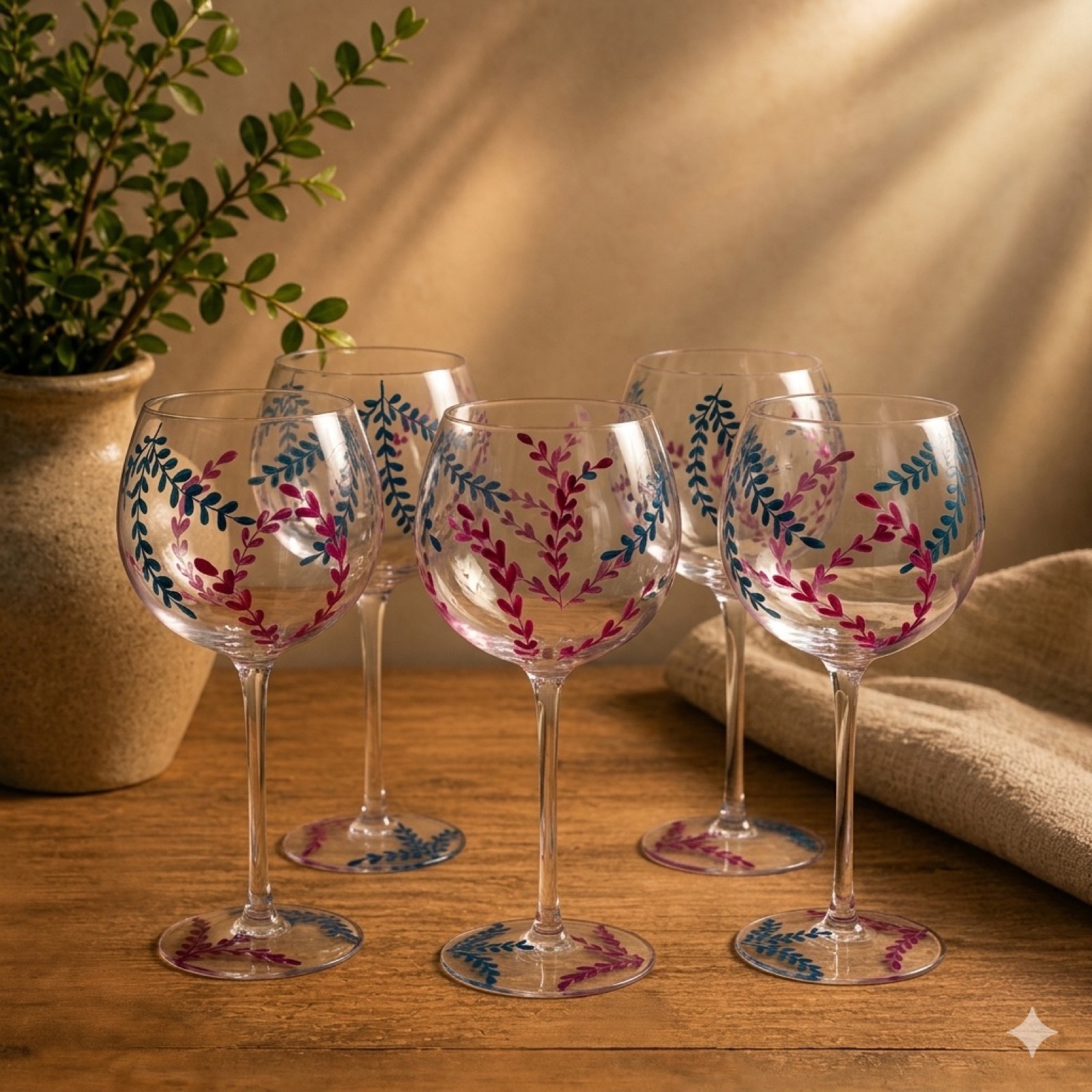 Handpainted Leaves Wine Cup – Pink — glass tableware by Mezcla