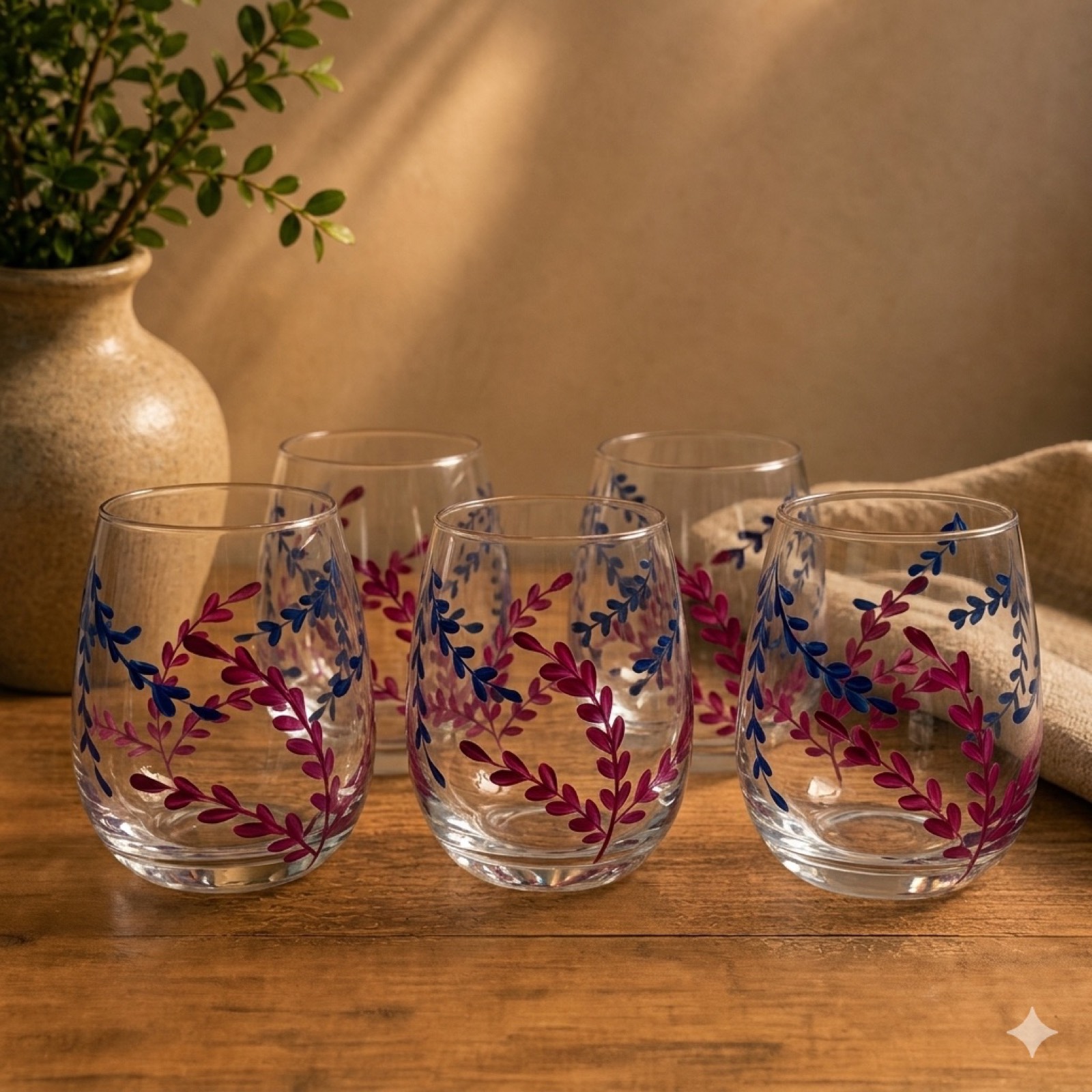 Handpainted Leaves Cup – Pink — glass tableware by Mezcla