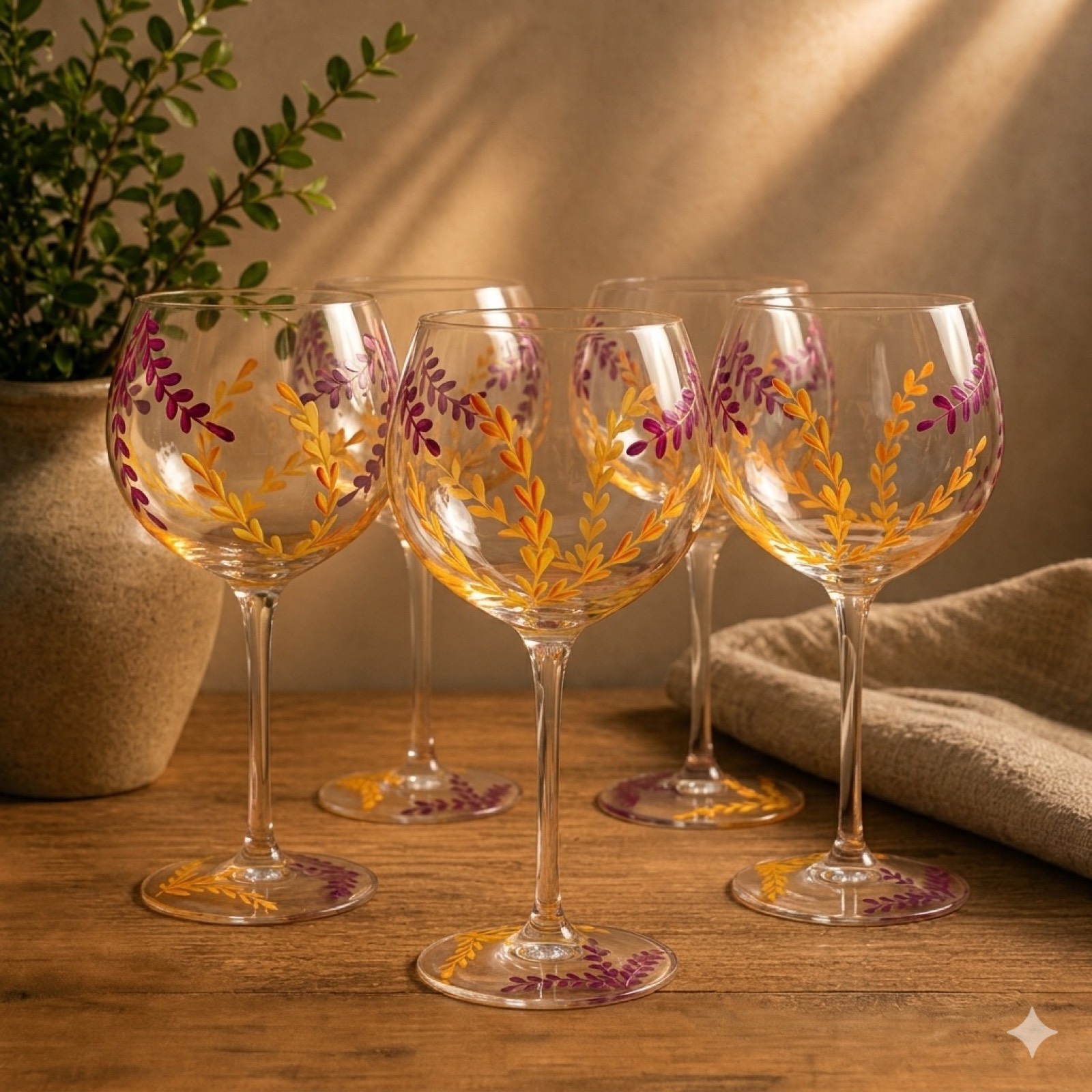 Handpainted Leaves Wine Cup – Yellow — glass tableware by Mezcla