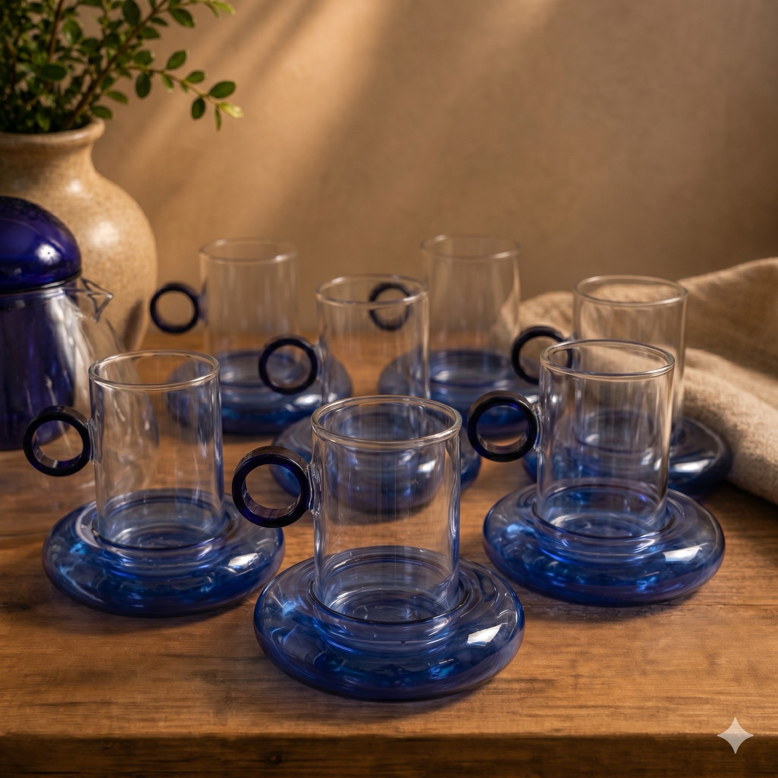 Blue Handle Glass Cup Set with Double Layer Saucers — glass tableware by Mezcla