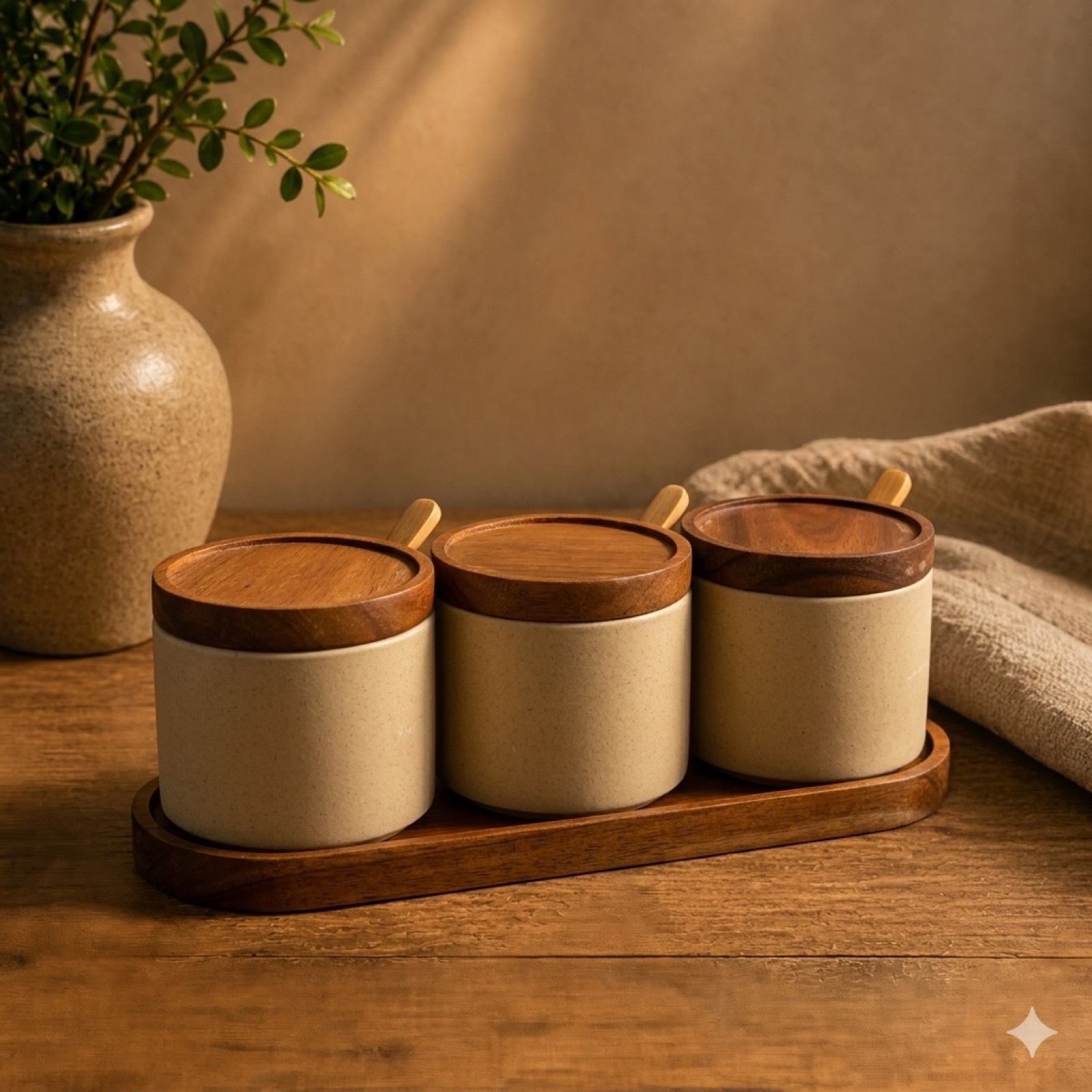 Ceramic Spice Jar Set with Wooden Tray (4pcs) — ceramic tableware by Mezcla