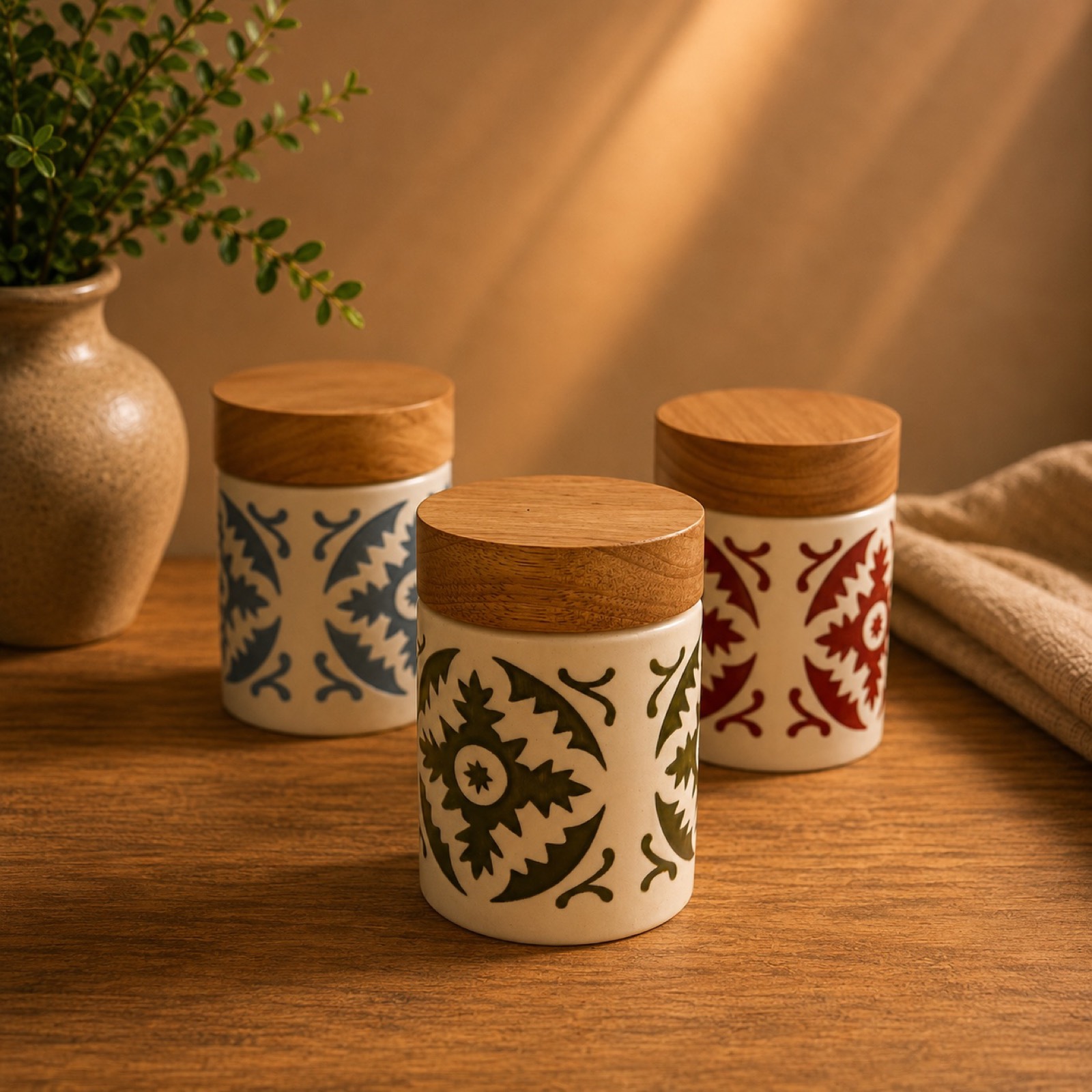 Patterned Ceramic Storage Jar with Wooden Lid – Blue/Green/Red — ceramic tableware by Mezcla