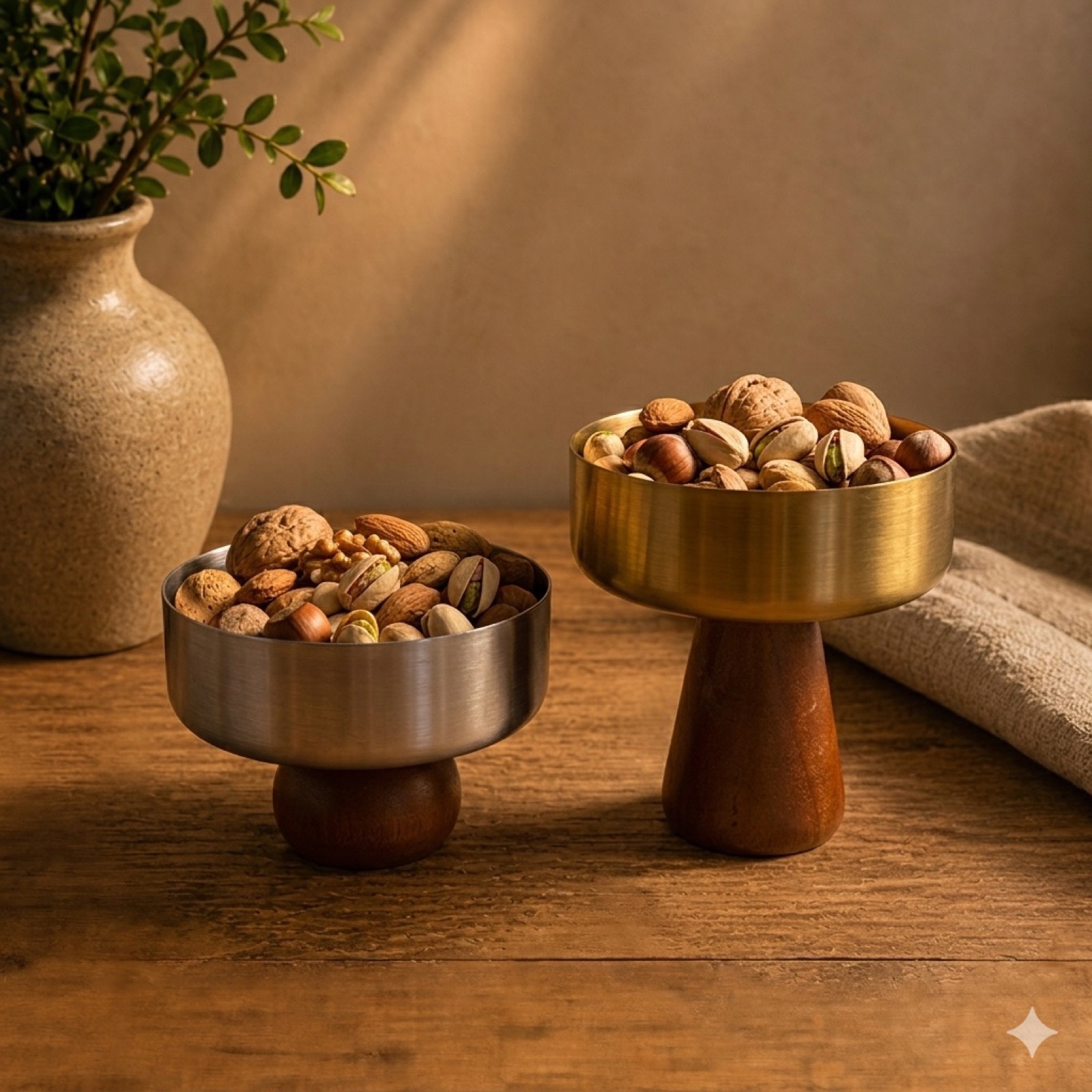 Brass Bowl Wood Base – Gold/Silver — metal decor by Mezcla