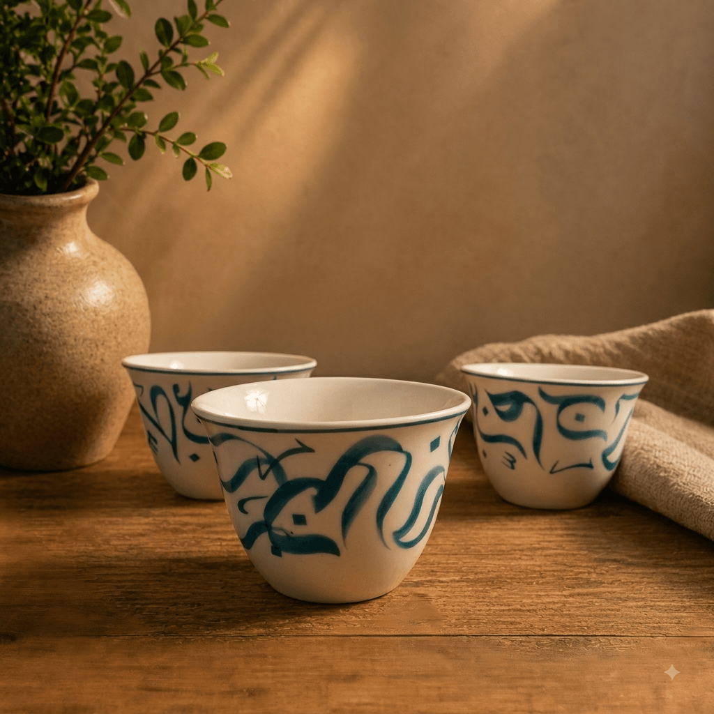 Handmade Arabic Calligraphy Cup - Blue (12pcs) — ceramic decor by Mezcla