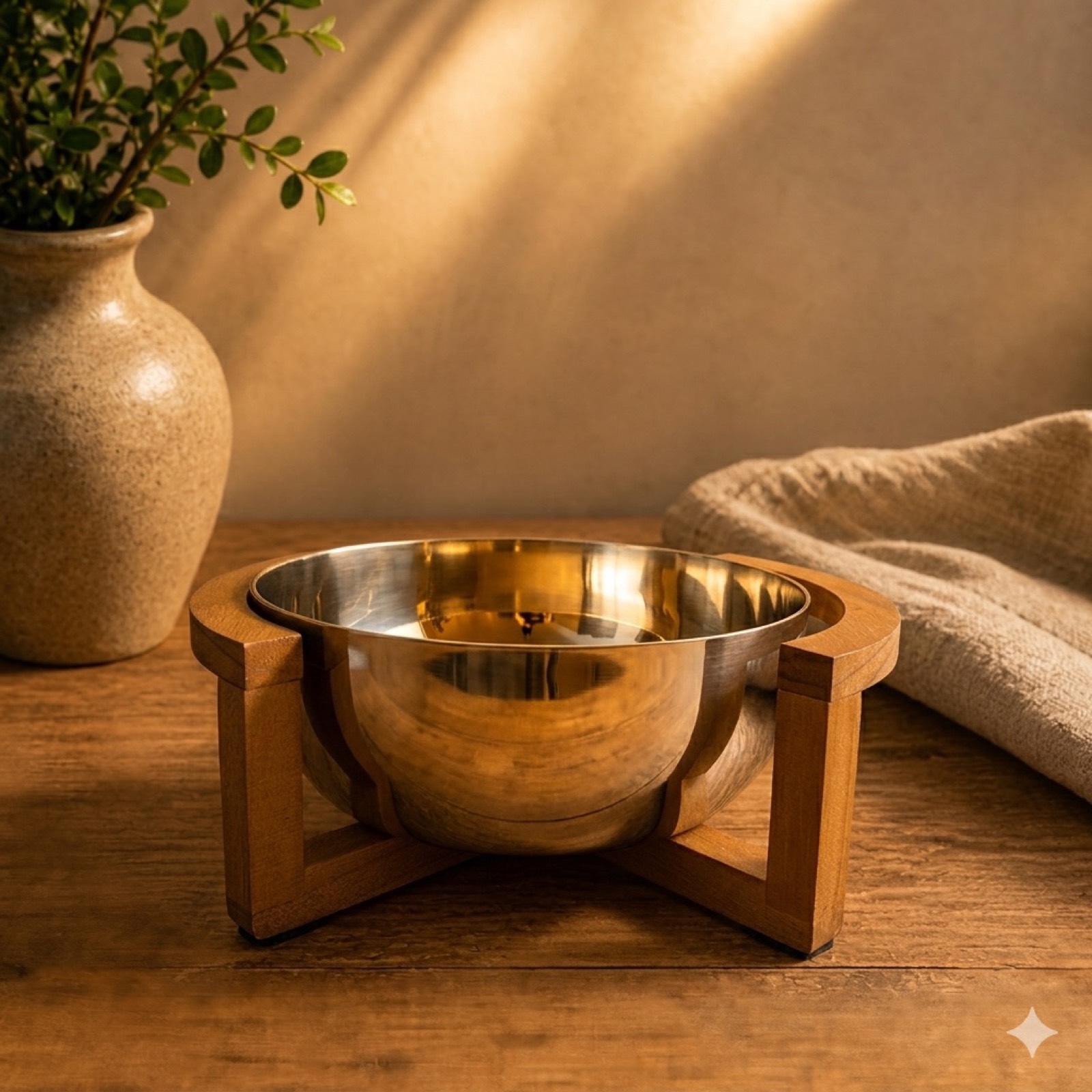 Stainless Fruit Bowl with Wooden Stand — metal tableware by Mezcla