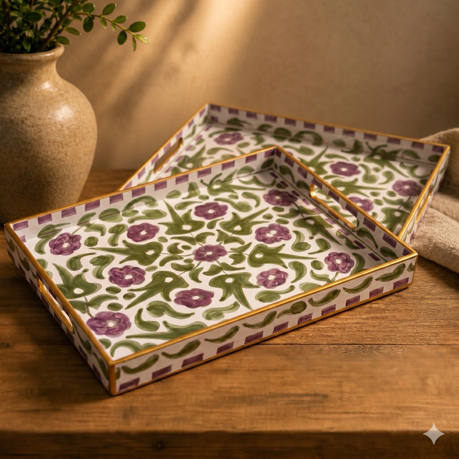 Purple Flowers Squared Tray Set — wood tableware by Mezcla