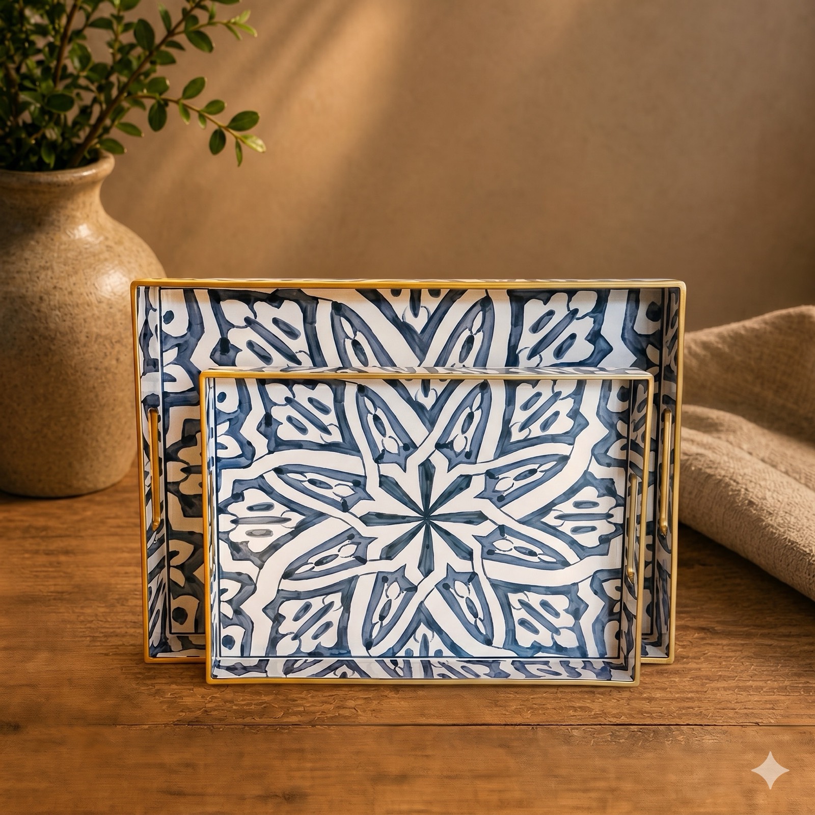 Blue Flower Squared Tray Set — wood tableware by Mezcla