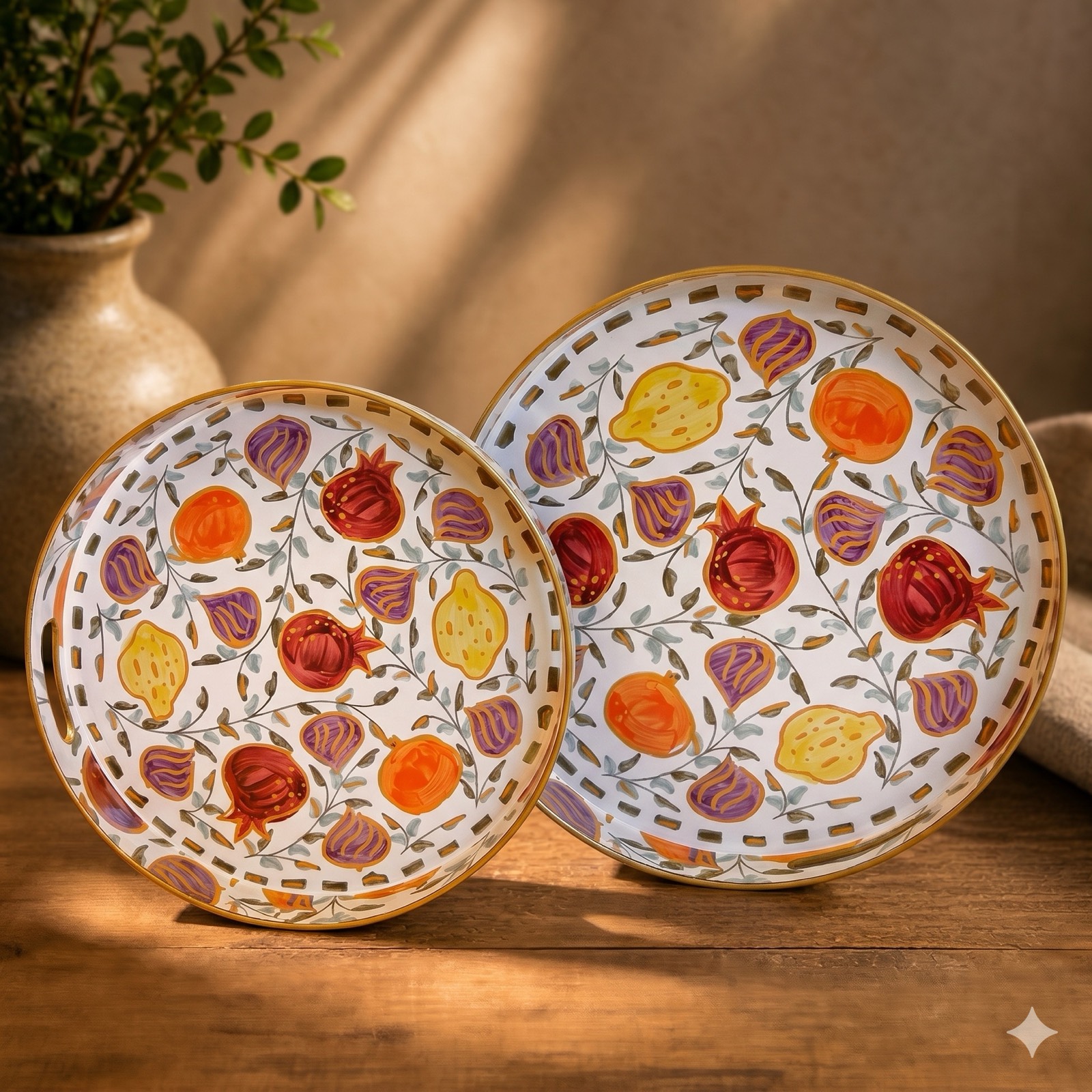 Pomegranate Painted Rounded Tray Set — wood tableware by Mezcla